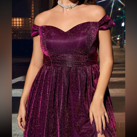 Luxe purple off shoulder glitter party formal evening gown dress - Picture 3 of 11